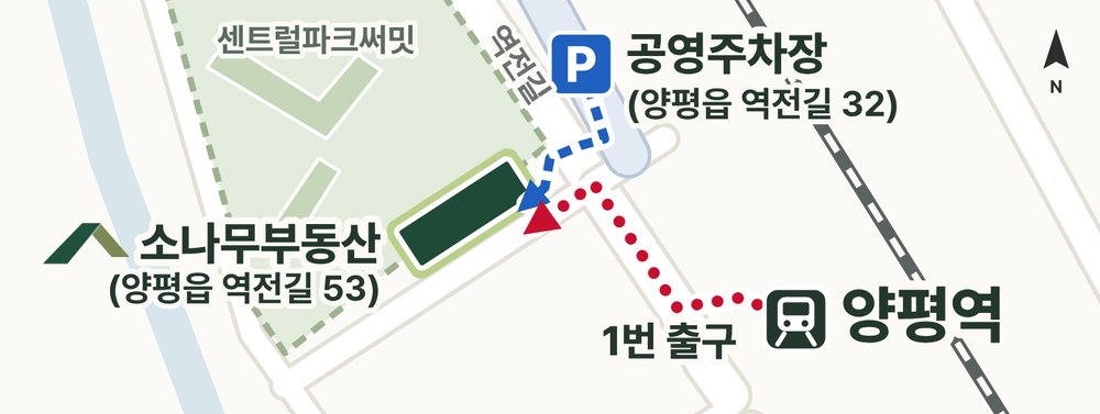 약도: 양평역 1번 출구에서 도보 1분, 소나무부동산(양평읍 역전길 53)과 공영주차장(양평읍 역전길 32)